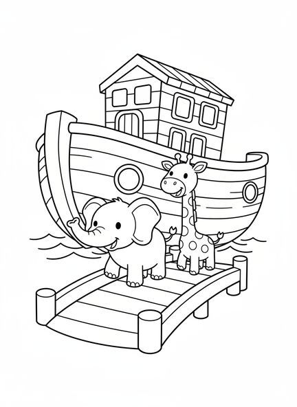 Zwei Cartoon-Tiere, die die Arche betreten, Malbuch über Noahs Arche für Vorschulkinder im Alter von 3-5 Jahren.