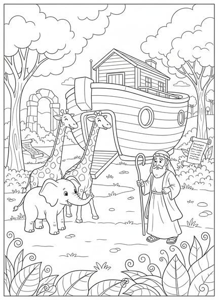 Paar von Elefanten und Giraffen, Ausmalbild für die Sonntagsschule für Kinder im Alter von 5-12 Jahren
