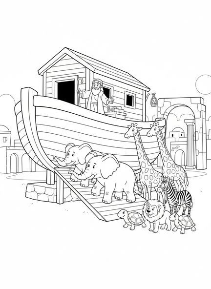Elefantes y jirafas subiendo al arca, página para colorear de la Biblia Printable para niños de Escuela Dominical de 5 a 12 años