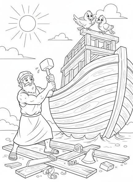 Noah baut die Arche, Ausmalbild von Noahs Arche für Kinder im Alter von 5-10 Jahren.