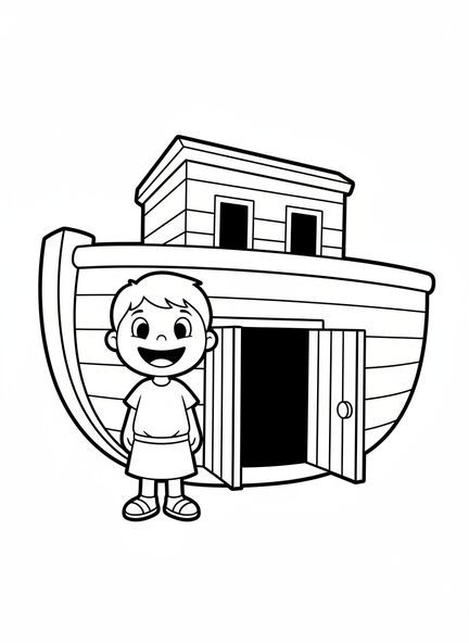 Noah mit der Arche, Ausmalbild von Noahs Arche für Vorschulkinder im Alter von 3-5 Jahren