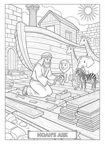 Noah baut die Arche, Ausmalbild zur biblischen Geschichte für Sonntagsschulkinder im Alter von 5-12 Jahren.