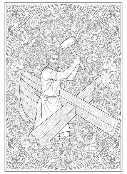 Noé martelant des poutres, page de coloriage de la Bible pour adultes dans un style de journal biblique.