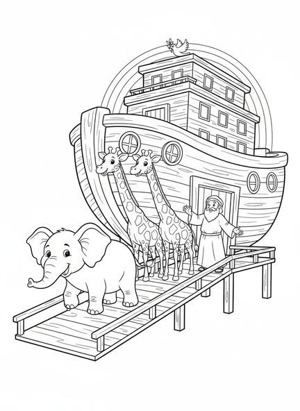 Paire d'éléphants montant à bord de l'arche, page à colorier biblique pour enfants de 5 à 10 ans.