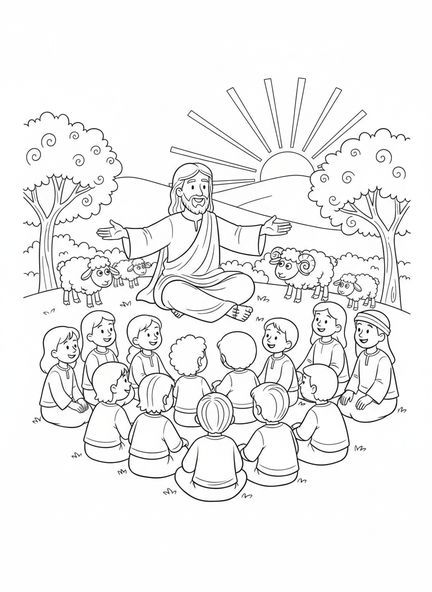 Jesús enseñando a la multitud, página para colorear del Monte de los Olivos para niños de 5 a 10 años