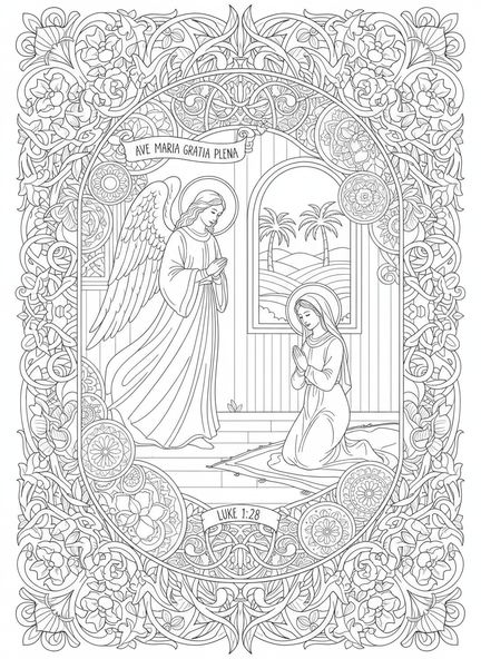Anjo alcançando Maria, página para colorir de Nazaré no estilo de journaling bíblico para adultos.