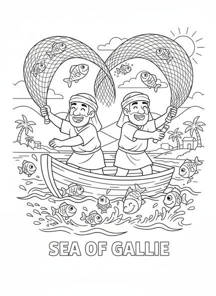 Dos pescadores de dibujos animados, página para colorear del Mar de Galilea para niños de 5 a 10 años.