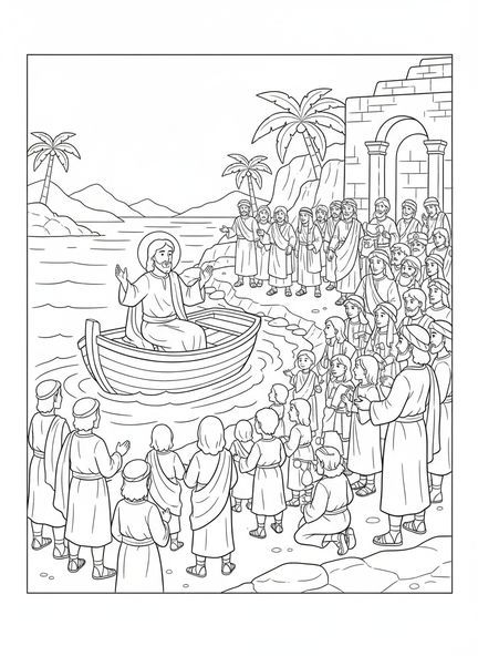 Jesús enseñando desde un barco, página para colorear del Mar de Galilea para niños de la Escuela Dominical de 5 a 12 años