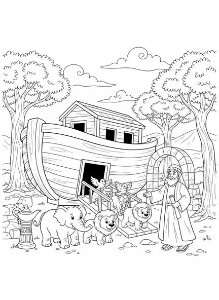 Paire d'éléphants et de lions montant à bord de l'arche, page à colorier de la Bible Wells pour les enfants de catéchisme âgés de 5 à 12 ans.