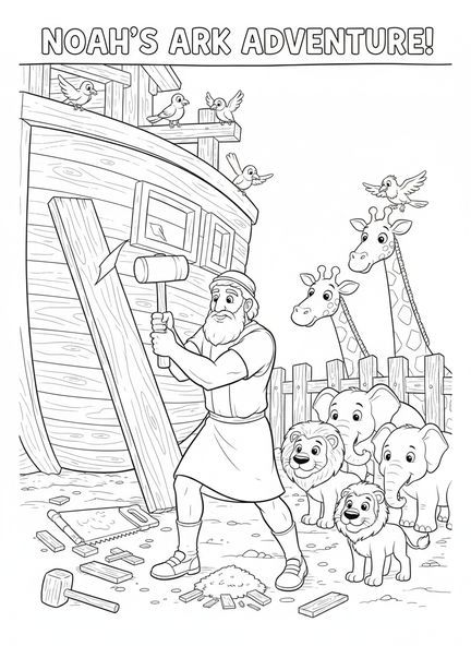 Noé en train de clouer des planches, page à colorier Biblique Cœur pour les enfants de 5 à 10 ans
