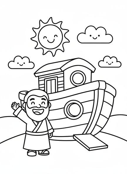 Noé sonriente, página para colorear de la Biblia Corazón para niños de 3 a 5 años
