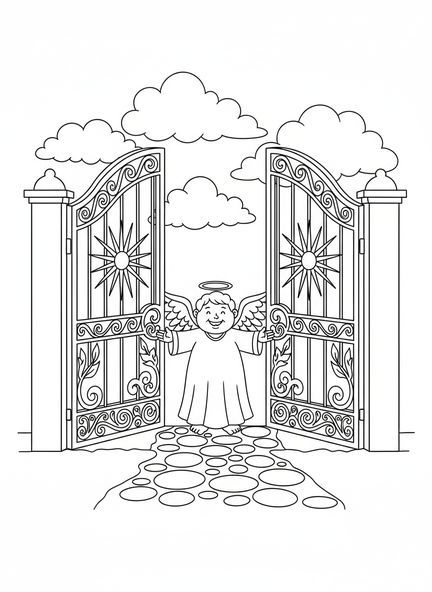 Fröhlicher Engel an offenen Toren, Ausmalbild der Himmelstüren für Kinder im Alter von 5-10 Jahren.