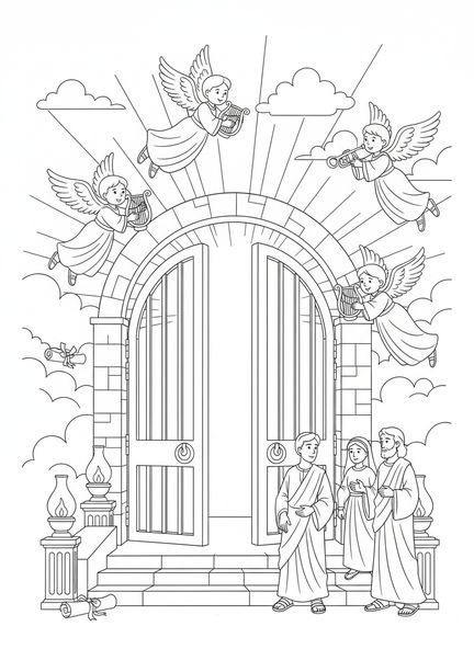 Majestätische Tore, Ausmalbild der Himmelstoren für Kinder in der Sonntagsschule im Alter von 5-12 Jahren.