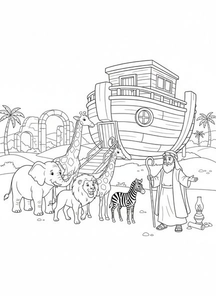 Des paires d'animaux s'approchant de l'arche, page à colorier chrétienne pour les enfants de catéchisme âgés de 5 à 12 ans.