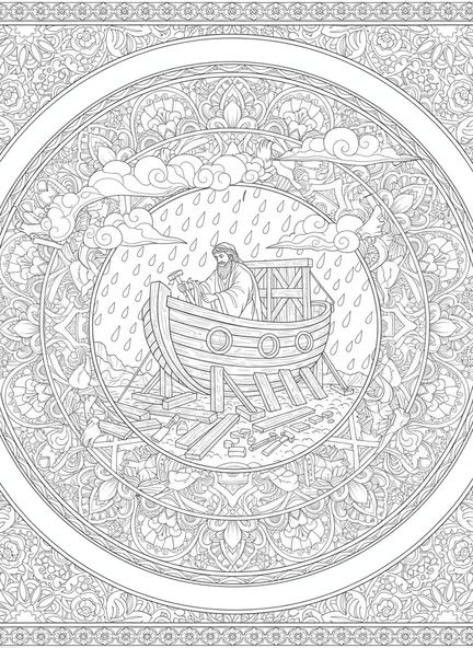 Noé avec des outils, page de coloriage religieuse pour adultes dans le style du journal biblique