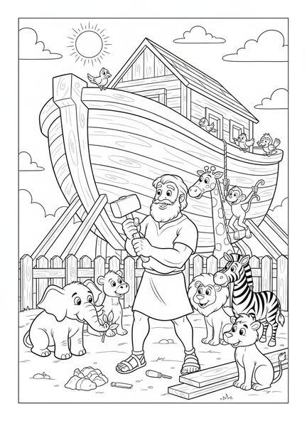 Noé construisant l'arche, page à colorier religieuse pour enfants de 5 à 10 ans.