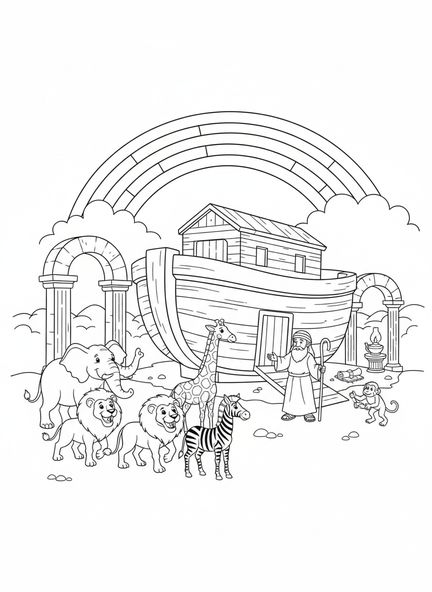 Animaux montant dans l'arche, page à colorier religieuse pour les enfants de catéchisme âgés de 5 à 12 ans