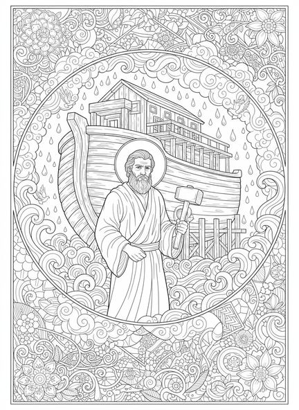 Noé com martelo, página de colorir religiosa para o Dia da Memória no estilo de journaling bíblico para adultos
