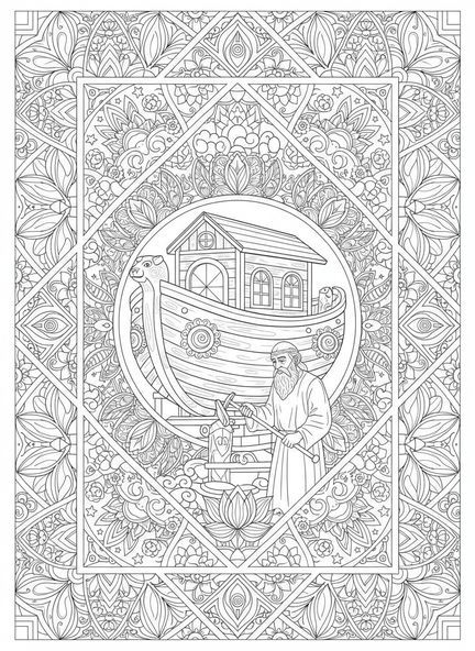 Noé construisant l'arche, page à colorier chrétienne pour adultes dans le style du journal biblique.