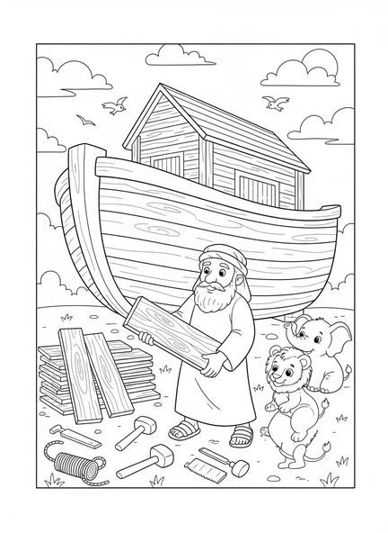 Noé construisant l'arche, page à colorier chrétienne pour enfants de 5 à 10 ans