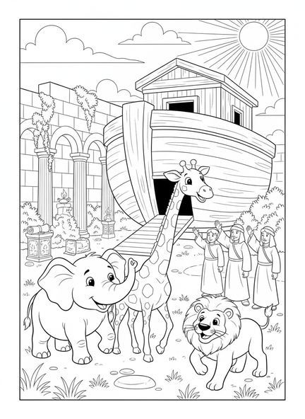 Paires d'animaux, page à colorier chrétienne du Nouvel An pour les enfants de l'École du dimanche âgés de 5 à 12 ans