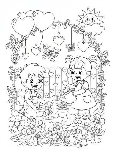 Un garçon et une fille plantant des fleurs, page à colorier chrétienne pour enfants de 5 à 10 ans