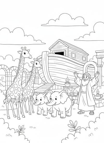 Girafes et éléphants près de l'arche, page à colorier chrétienne pour les enfants de catéchisme âgés de 5 à 12 ans.