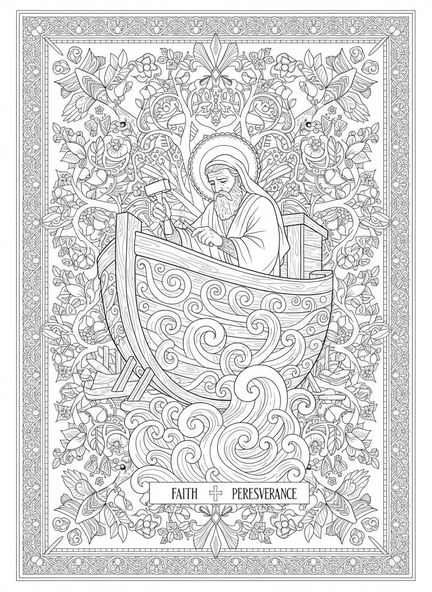 Noe budujący arkę, religijny obrazek do kolorowania na Dzień Weteranów w stylu dziennika biblijnego dla dorosłych.