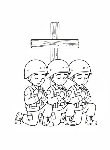 Grupo de soldados, página de colorir religiosa para o Dia dos Veteranos para crianças de 5 a 10 anos.