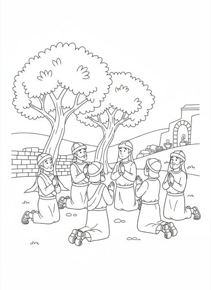 Grupo de soldados orando, página de colorir religiosa para crianças da Escola Dominical de 5 a 12 anos.