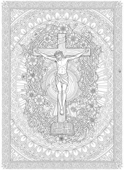 Jésus sur la croix, page à colorier de la croix du Vendredi Saint pour adultes dans un style de journal biblique