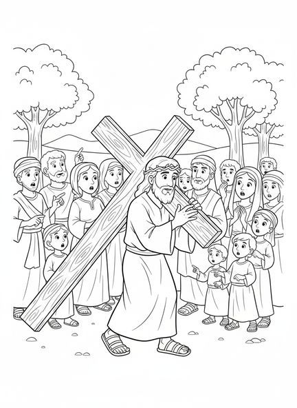 Jésus portant la croix, page à colorier de la Croix du Vendredi Saint pour les enfants de 5 à 10 ans