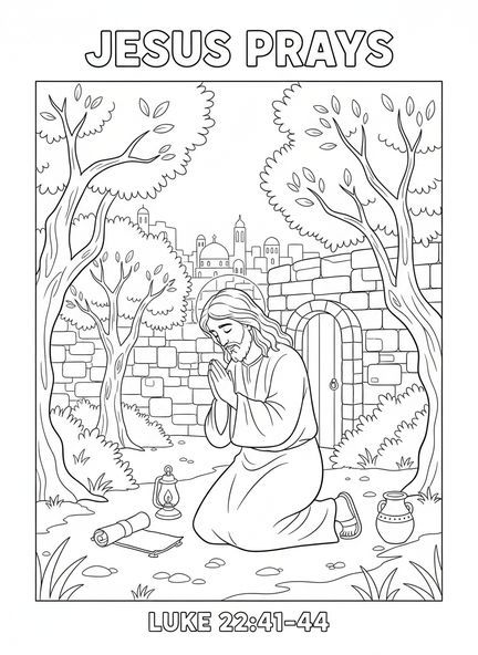 Jésus priant dans le jardin, page à colorier de la Croix du Vendredi Saint pour les enfants de l'École du dimanche âgés de 5 à 12 ans.