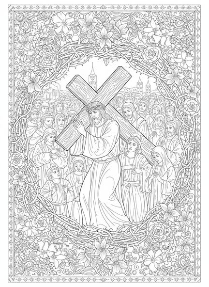 Jesús cargando la cruz, página para colorear de la Crucifixión del Viernes Santo en estilo de journaling bíblico para adultos.