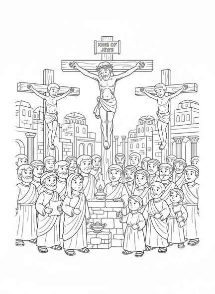 Jesús en la cruz, página para colorear de la Crucifixión del Viernes Santo para niños de la Escuela Dominical de 5 a 12 años.