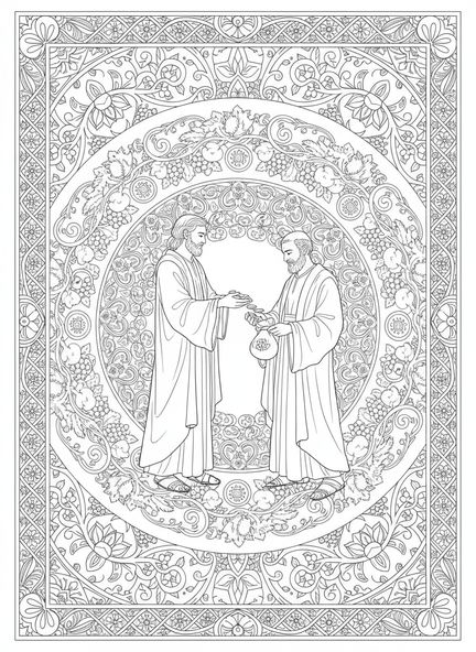 Judas Iscariote recibiendo plata, página para colorear de Judas 30 piezas de plata en estilo de journaling bíblico para adultos