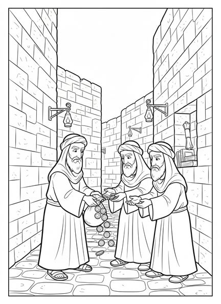 Judas, der Silbermünzen präsentiert, Judas 30 Silberstücke Malvorlage für Sonntagsschulkinder im Alter von 5-12 Jahren