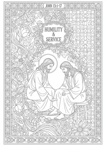 Jesús lavando los pies, página para colorear del Jueves Santo para adultos en estilo de journaling bíblico.