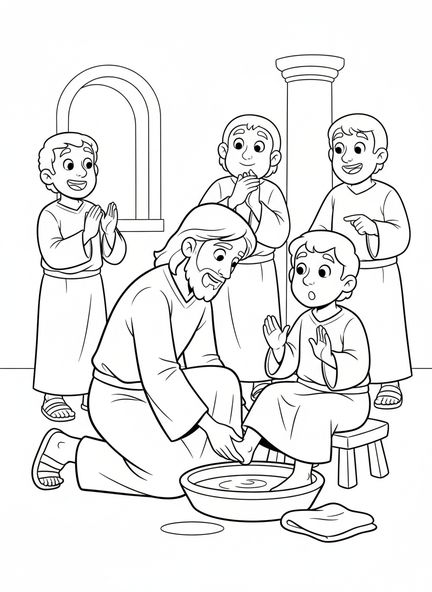 Jesús lavando los pies, página para colorear de Jueves Santo para niños de 5 a 10 años.