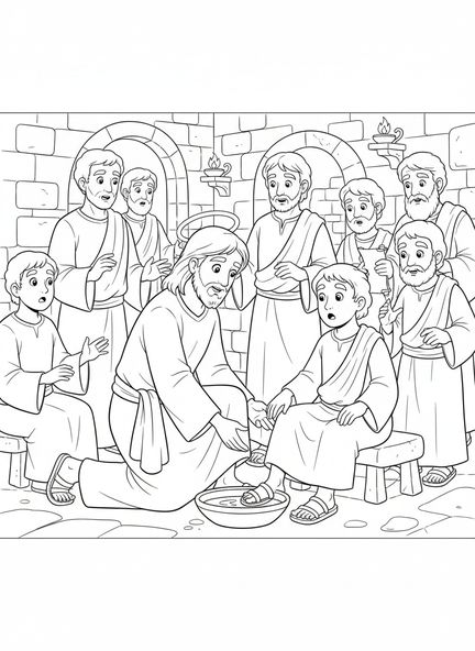 Jesús lavando los pies, página para colorear del Lavado de los Pies del Jueves Santo para niños de la Escuela Dominical de 5 a 12 años.