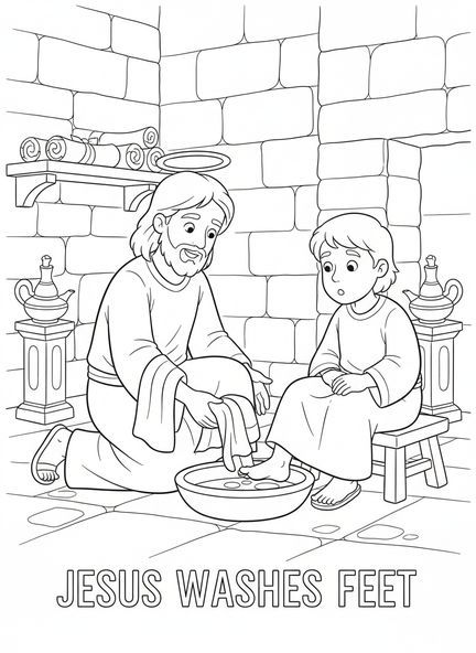 Jésus lavant les pieds, page à colorier du Jeudi Saint pour les enfants de l'École du dimanche âgés de 5 à 12 ans.