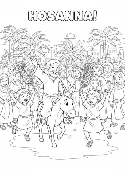 Jésus montant un âne, page à colorier pour la procession du Dimanche des Rameaux pour les enfants de 5 à 10 ans