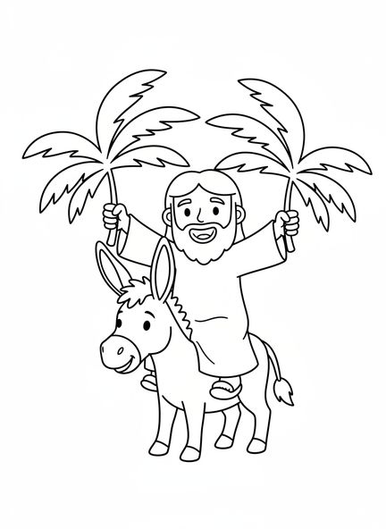 Jésus sur un âne, page à colorier de la procession des Rameaux pour les enfants de 3 à 5 ans