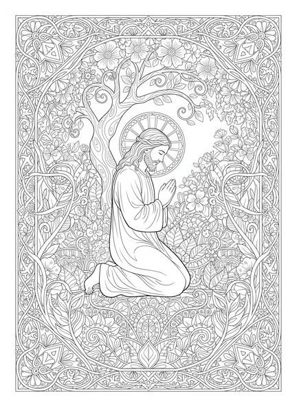 Jesus betet im Garten, Ausmalbild von Jesus für Erwachsene im Stil des Bibel-Journalings.