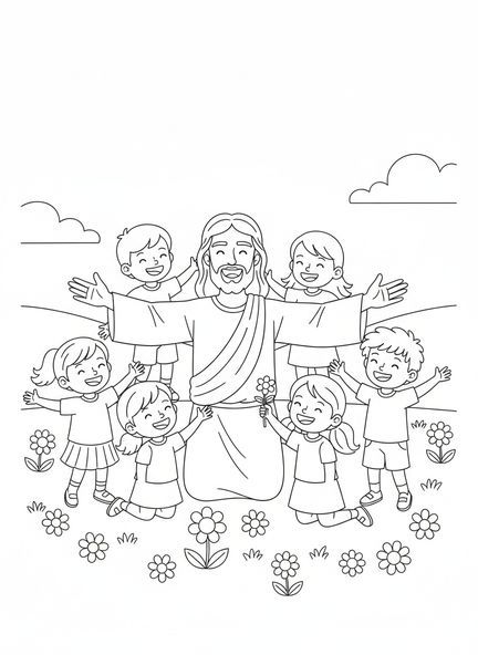 Gruppe von Kindern, Ausmalbild von Jesu Gesicht für Kinder im Alter von 5-10 Jahren.