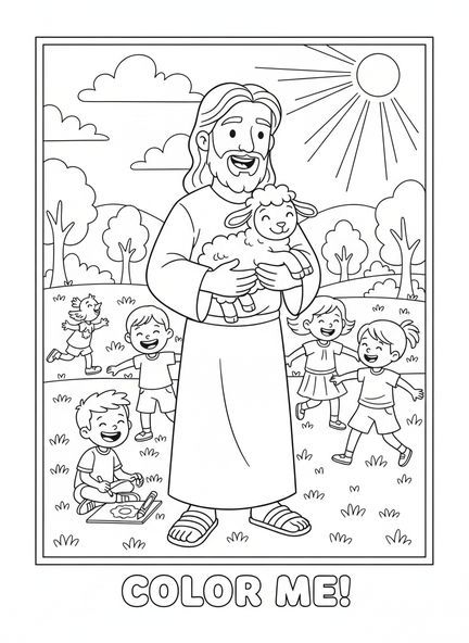 Jesus hält ein Lamm, Ausmalbild von Jesus mit Lamm für Kinder im Alter von 5-10 Jahren.