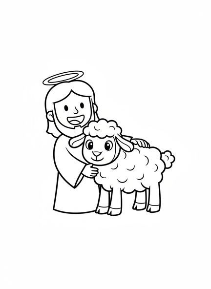 Lächelnder Jesus mit Lamm, Ausmalbild Jesus mit dem Lamm für Vorschulkinder im Alter von 3-5 Jahren.