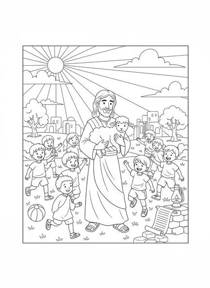 Jesus hält ein Lamm, Ausmalbild von Jesus mit Lamm für Sonntagsschulkinder im Alter von 5-12 Jahren.