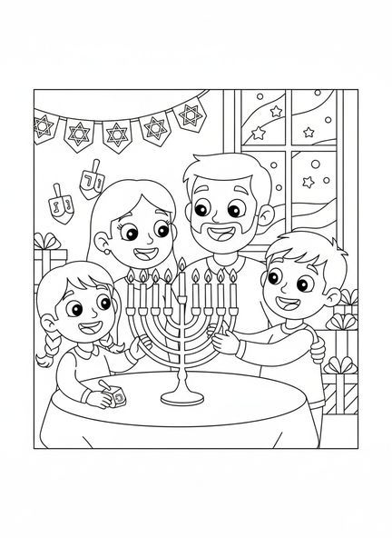Família acendendo a menorá, página para colorir de Hanukkah para crianças de 5 a 10 anos