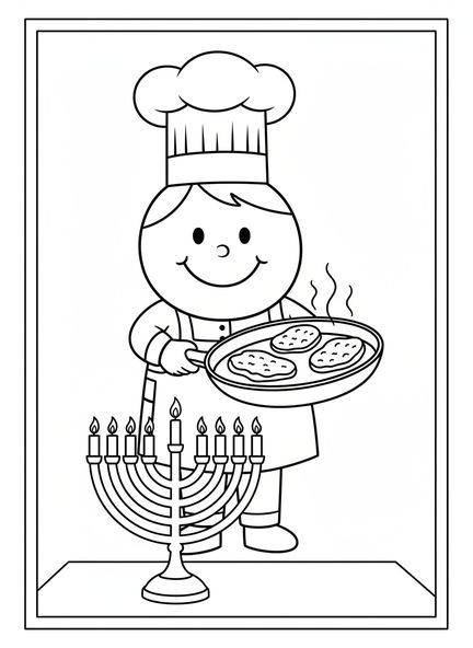 Chef feliz cocinando latkes, página para colorear de Hanukkah para niños de 3 a 5 años